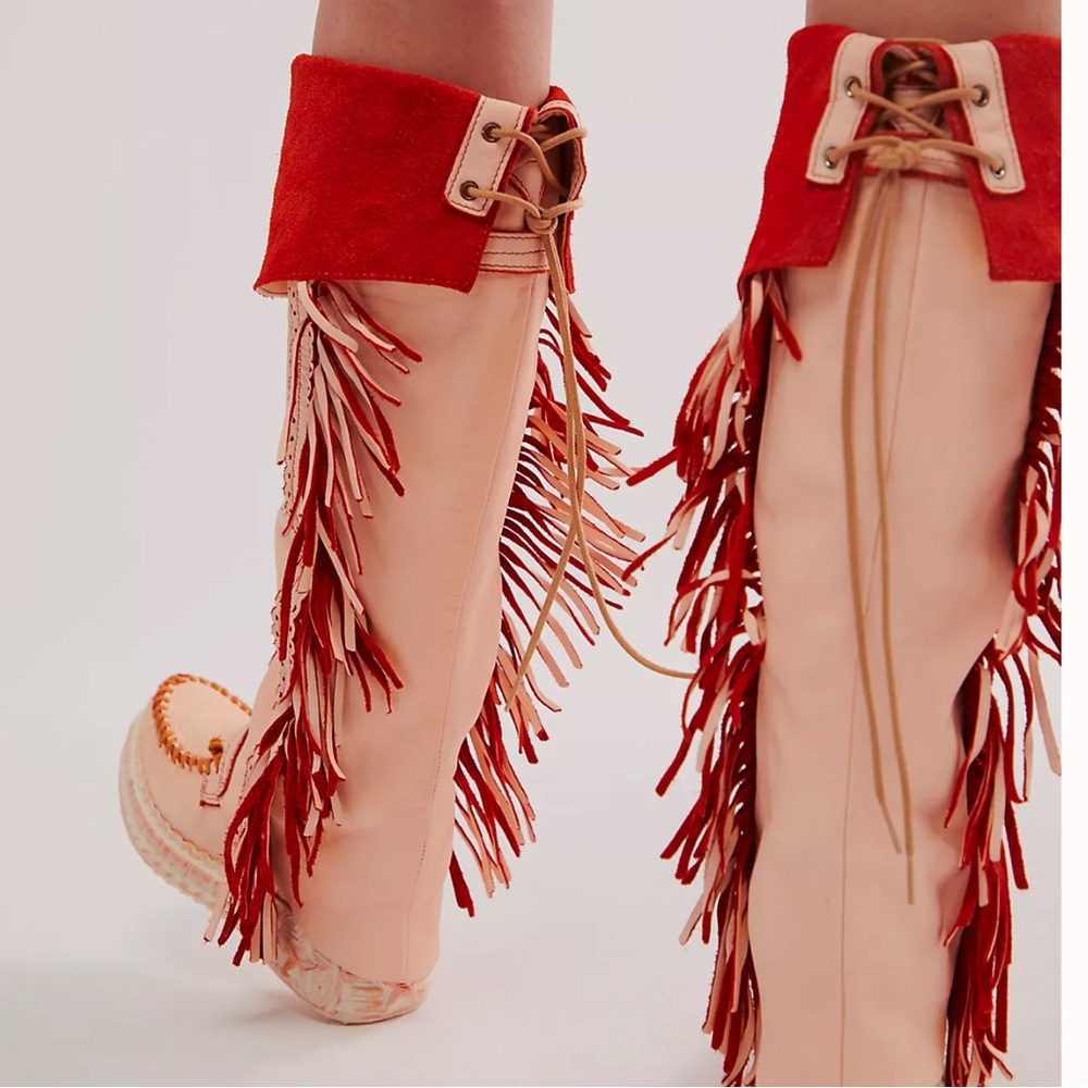 Red and Tan Over the Knee Fringe Boots